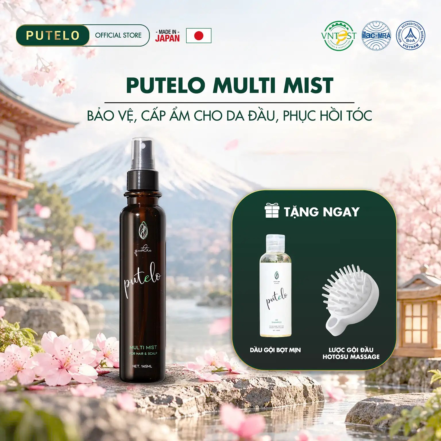 Xịt dưỡng tóc, cấp ẩm tóc và da đầu 24h, dành cho tóc sau sấy/nhuộm/uốn/ép PUTELO Multi Mist 145ml chính hãng